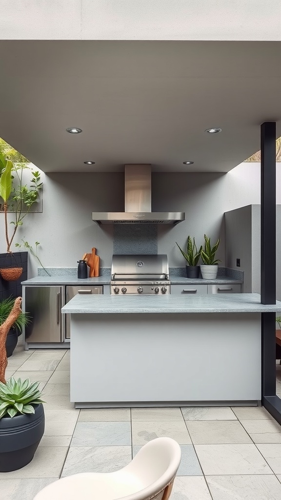 A modern minimalist outdoor kitchen with a stainless steel grill, smooth countertop, and potted plants.