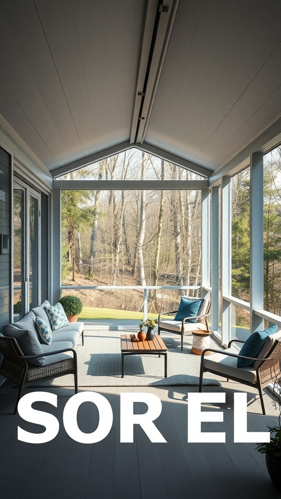 A modern minimalist screened porch with light wood tones and comfortable seating.
