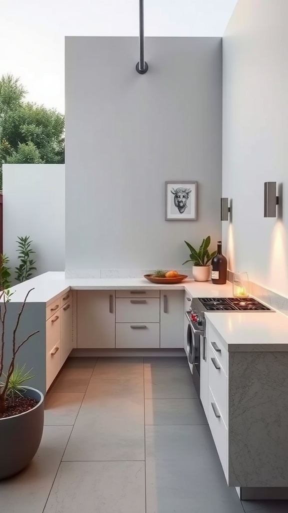 A modern minimalist outdoor kitchen with sleek white cabinetry, a grill, potted plants, and concrete flooring.