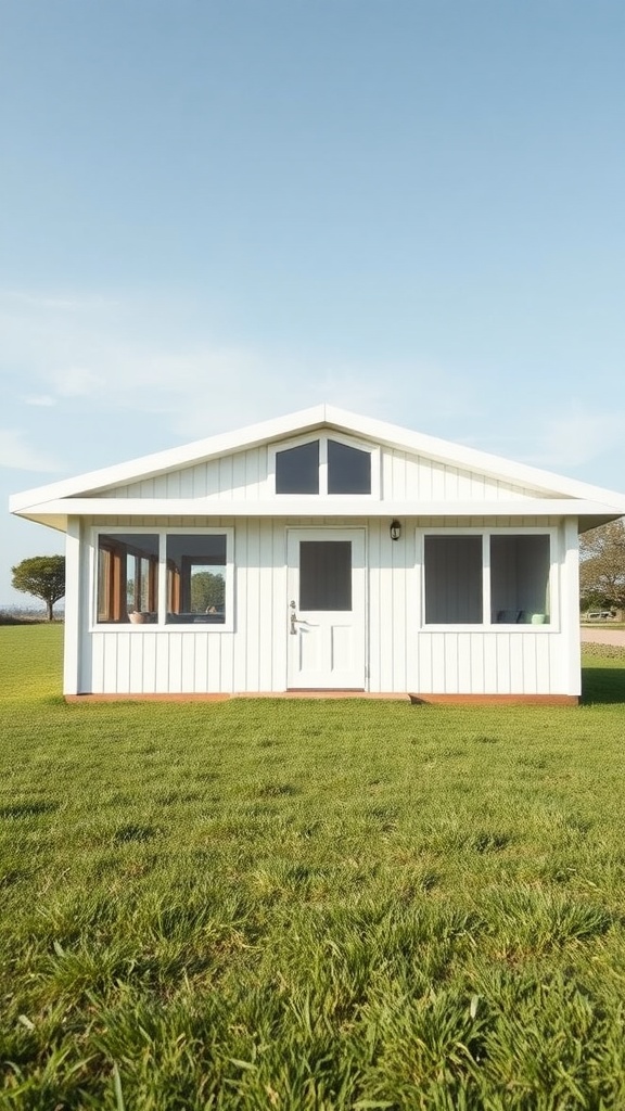 A modern minimalist playhouse with a white exterior and large windows on a grassy lawn.
