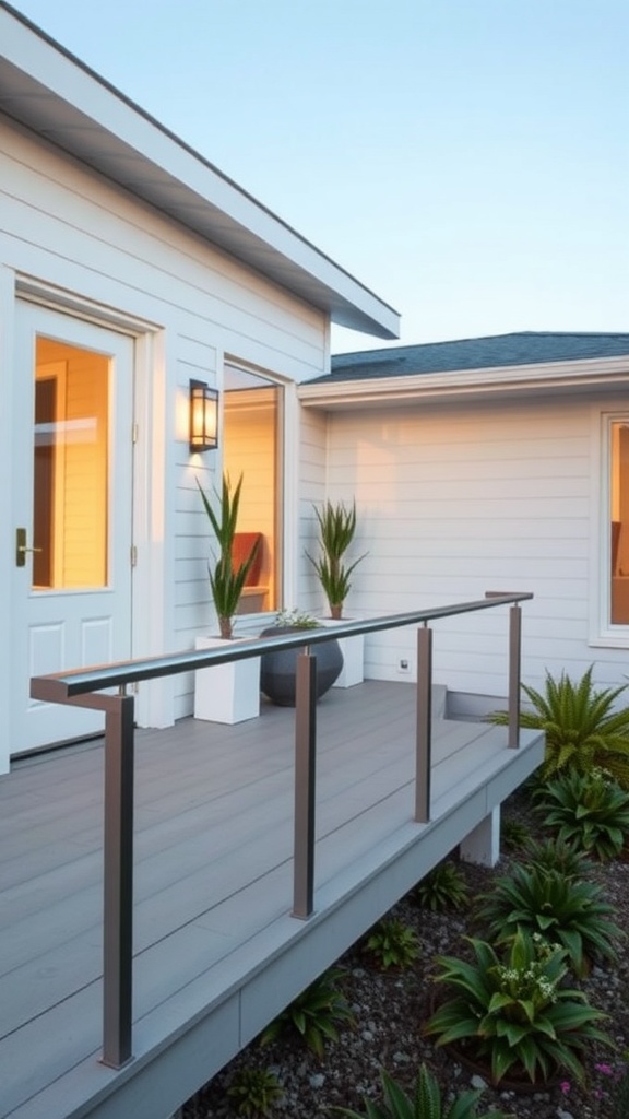 A modern front porch featuring sleek stainless steel railings and a wooden deck.