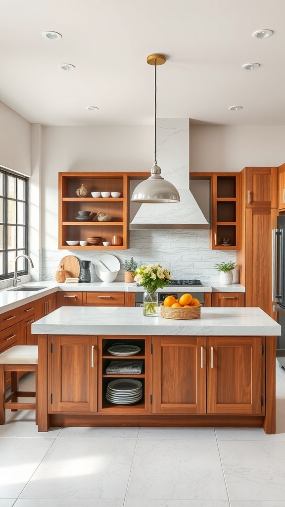 A modern Indian kitchen featuring multi-functional furniture with a spacious wooden kitchen island and organized shelves.