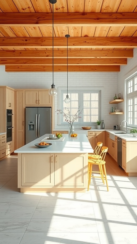 A modern kitchen featuring a light wood multi-functional island with yellow chairs, bright natural light, and open shelving.