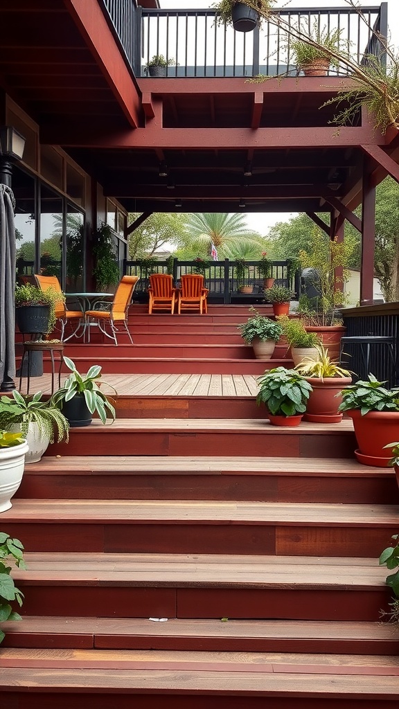 A beautiful multi-level deck with steps leading up to a cozy seating area surrounded by potted plants.