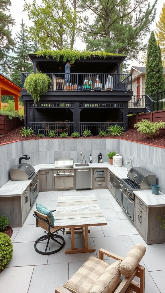 An outdoor kitchen with a multi-level patio featuring modern appliances and a dining area.