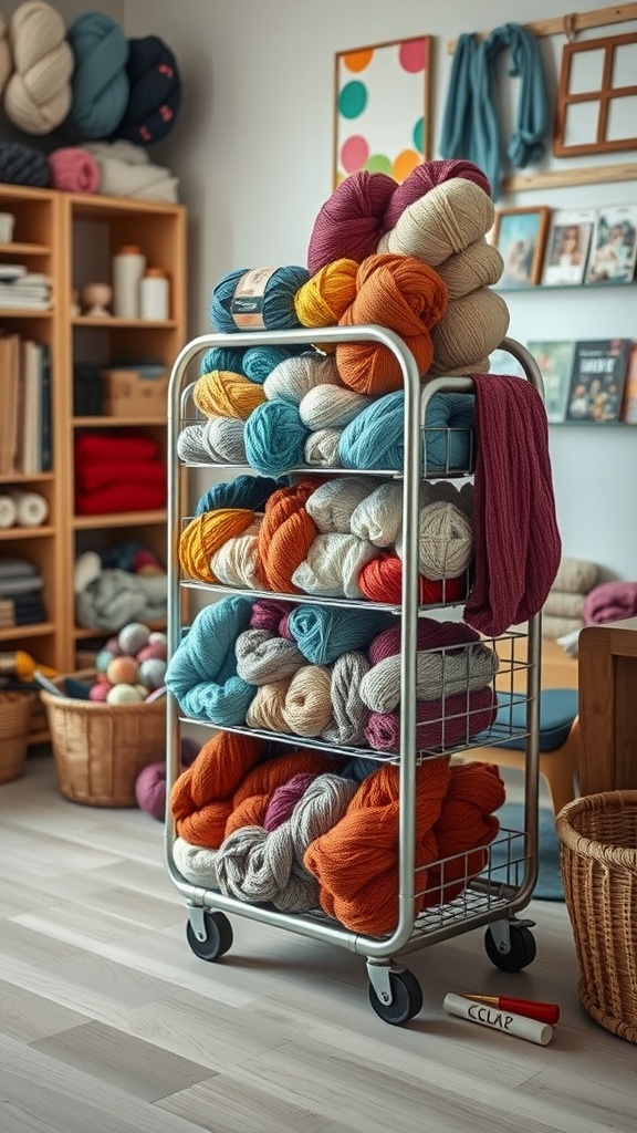 Multi-tiered cart filled with colorful yarn in a cozy craft space.