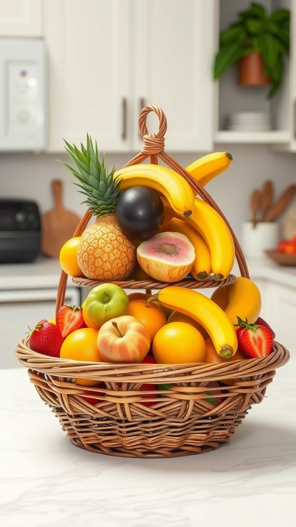 Multi-tiered fruit basket filled with various fruits like bananas, strawberries, and pineapples.