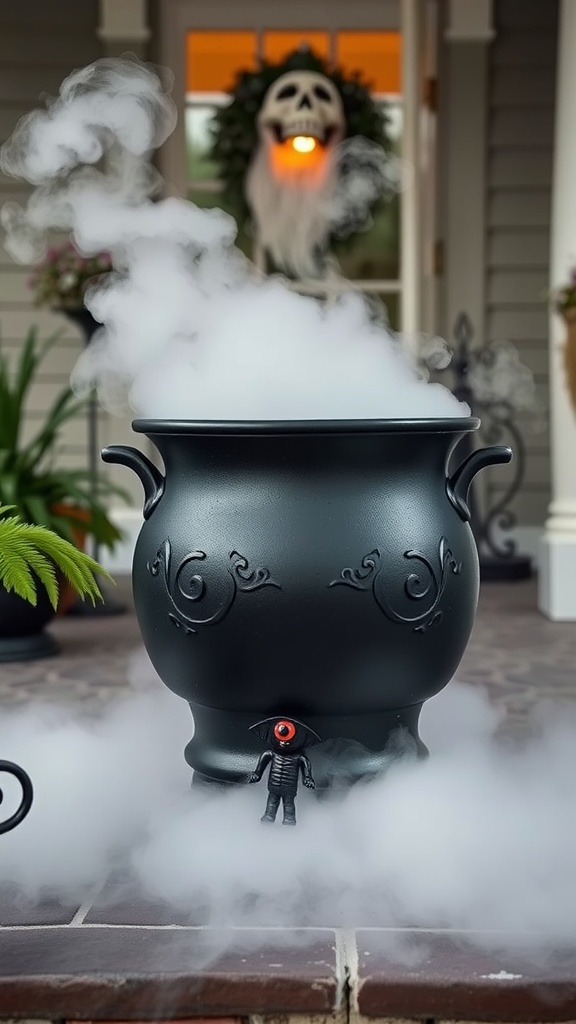A black cauldron on a porch with smoke rising and a small creature peeking out, complemented by a spooky decoration in the background.