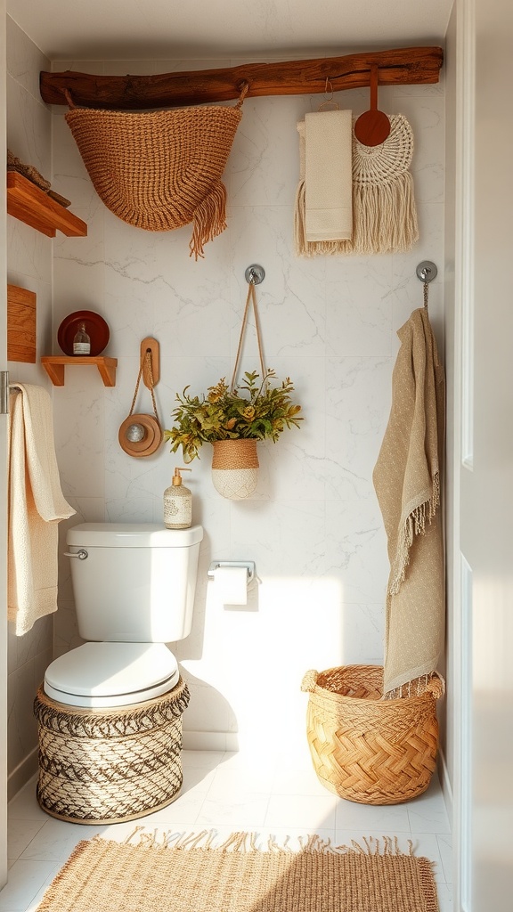 A cozy small bathroom featuring natural fiber textiles, including woven baskets and linen towels.