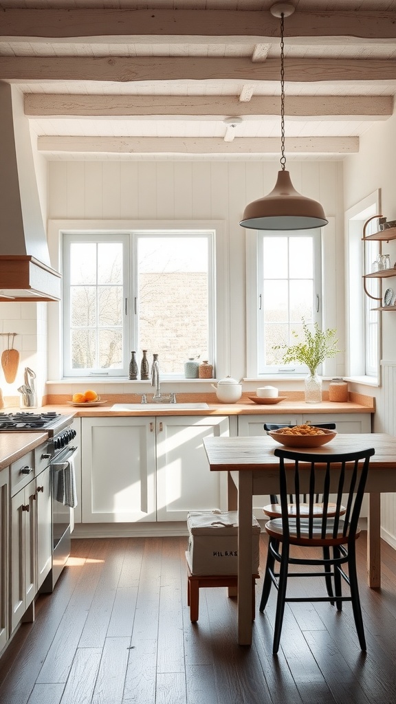 Bright farmhouse kitchen with large windows and wooden accents
