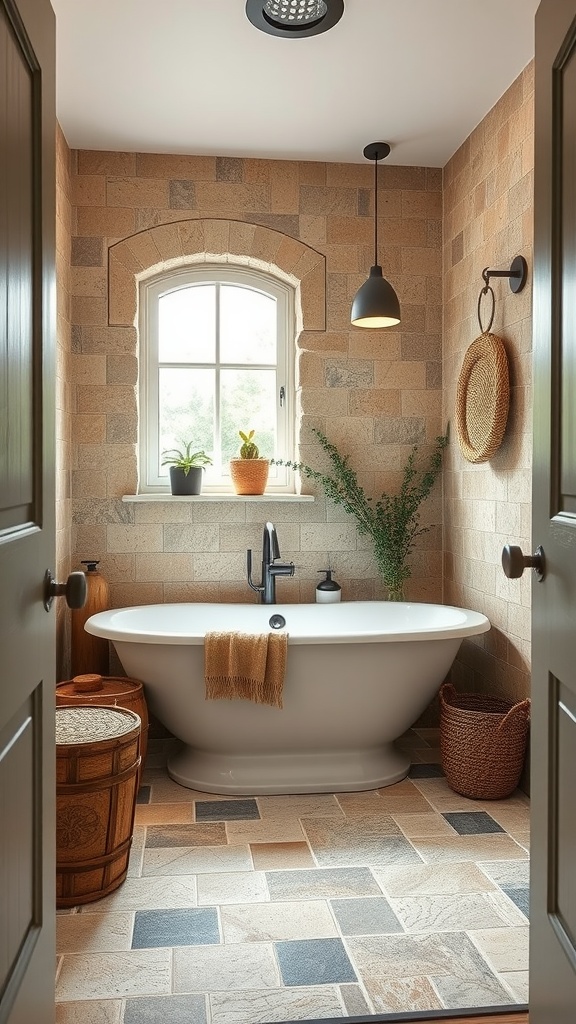 A cozy bathroom featuring natural stone walls, a freestanding tub, and plants near a window.