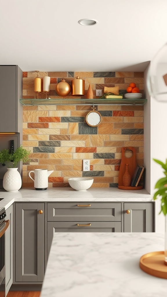 A kitchen with a natural stone textured backsplash featuring warm colors, gray cabinets, and marble countertops.