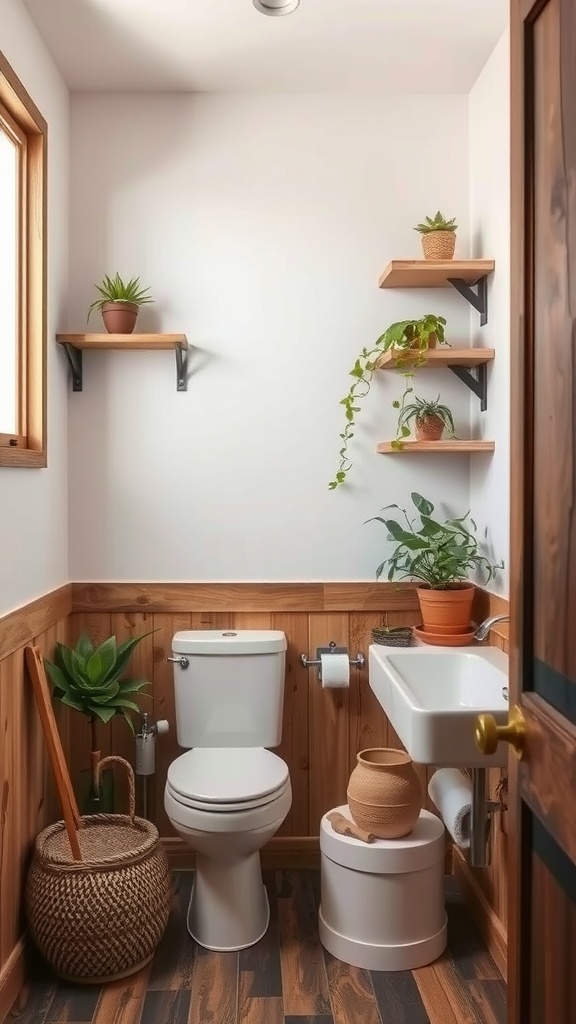 A rustic small bathroom with natural wood accents, featuring plants, wooden shelves, and warm tones.