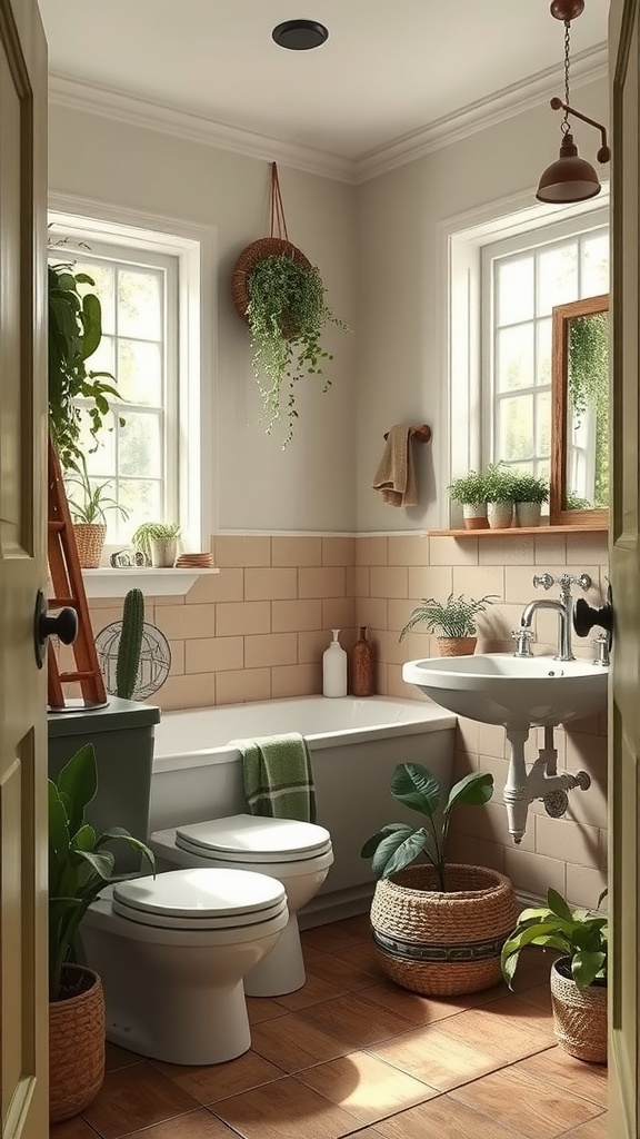 A nature-inspired bathroom with beige tiles, green plants, and natural light.