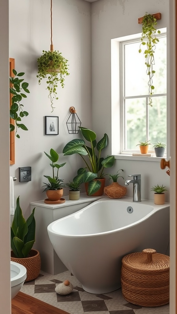 Bright bathroom with plants, a white bathtub, and natural decor elements.