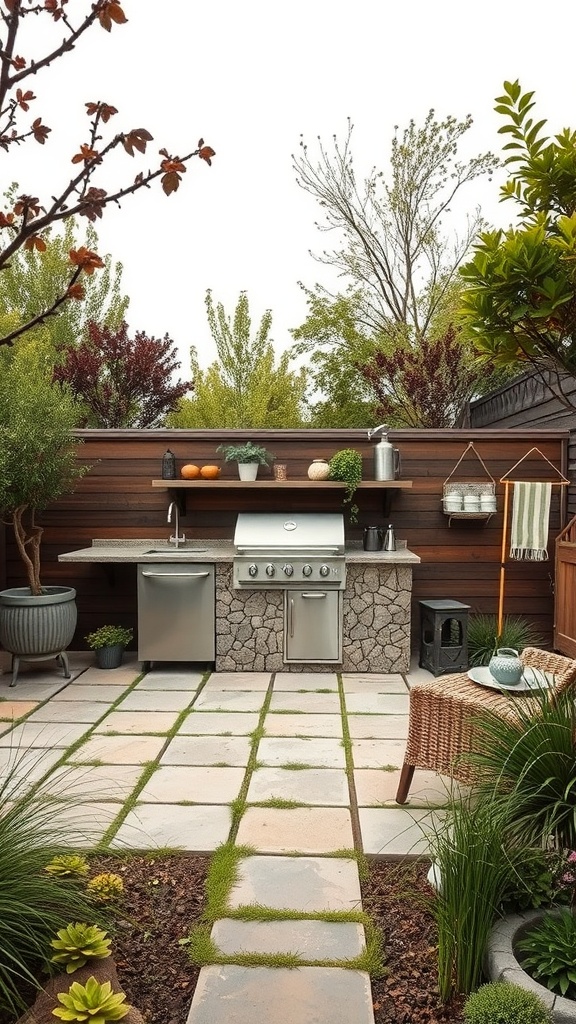 A nature-inspired outdoor kitchen featuring a stone countertop, modern grill, and lush greenery.
