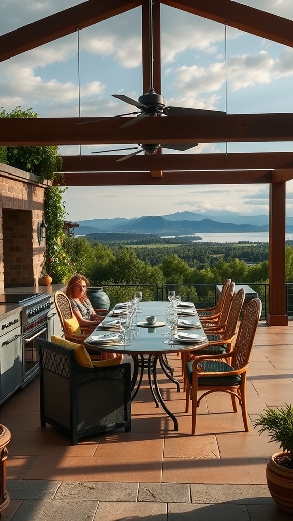 An outdoor kitchen patio with a dining table set for a meal, surrounded by beautiful views and greenery.