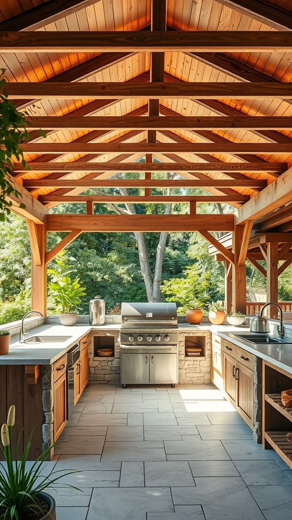 An outdoor kitchen featuring wooden beams, stone countertops, and a grill, surrounded by greenery.