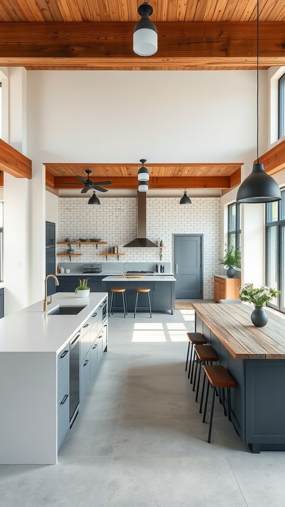 An open floor plan industrial kitchen with high ceilings, wooden beams, and a spacious layout.