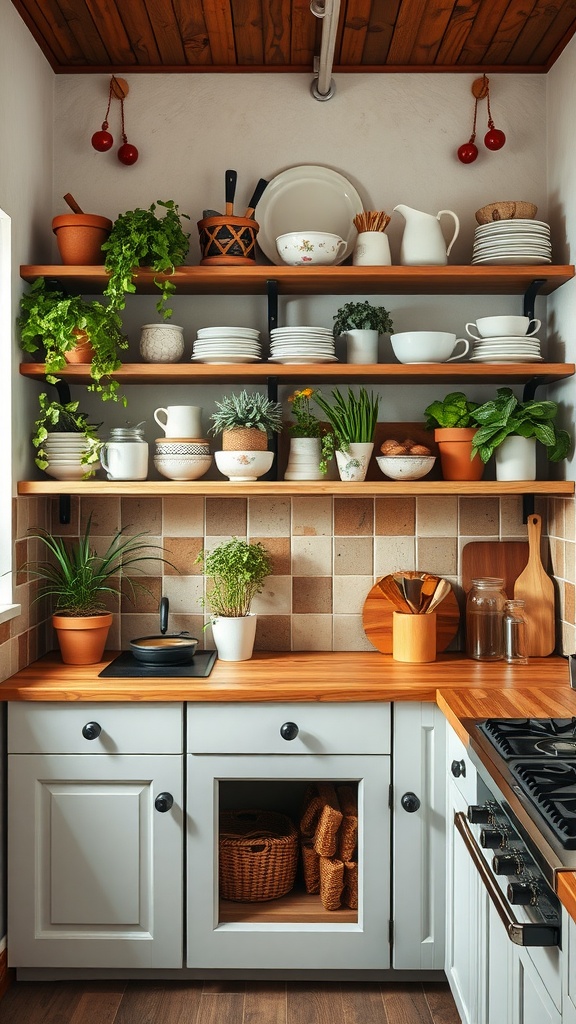 A cozy farmhouse kitchen with open shelving displaying dishes and plants.