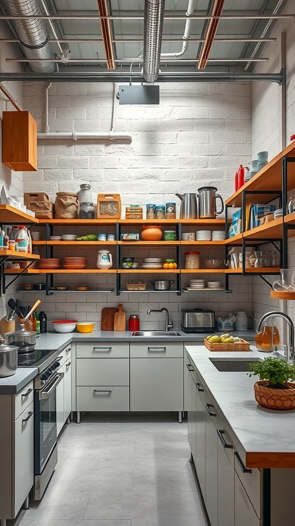 An industrial kitchen featuring open shelving with neatly arranged items, including jars, pots, and decorative pieces.