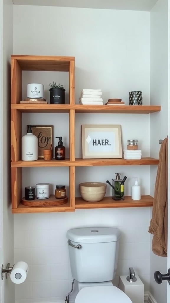 Open wooden shelving unit in a small bathroom with neatly arranged towels, candles, and decor items.