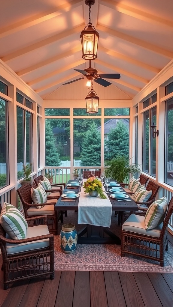A stylish screened porch with a dining table set for outdoor meals, featuring comfortable chairs and warm lighting.