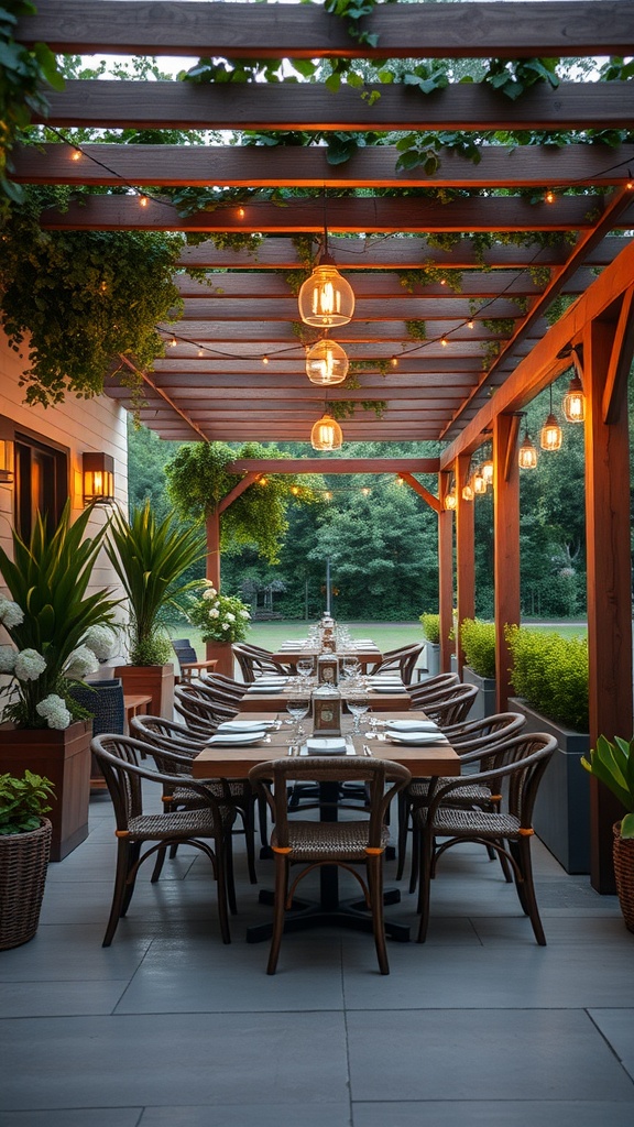 An outdoor dining space featuring a wooden pergola, a long table set for meals, surrounded by lush greenery and warm lights.