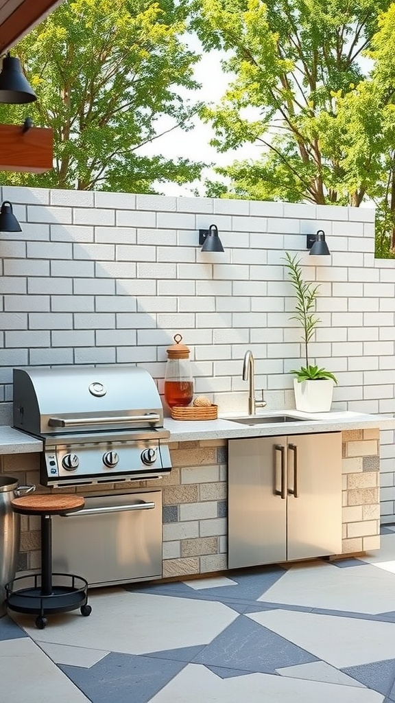 An outdoor kitchen featuring a BBQ grilling station, sleek countertops, and a modern design amidst lush greenery.