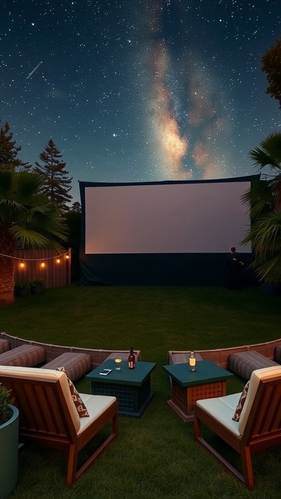 Outdoor movie area with a projection screen under a starry sky