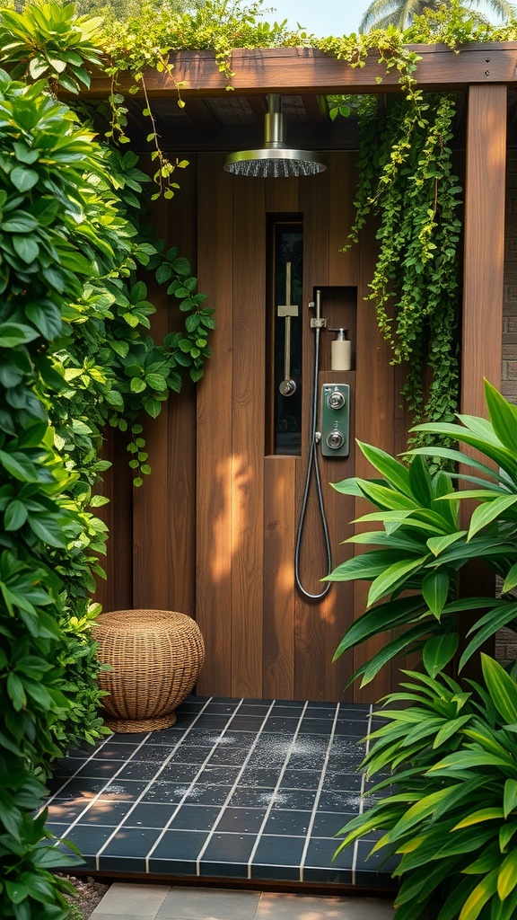 An outdoor shower surrounded by lush greenery and wooden walls, featuring a sleek showerhead and wicker basket.