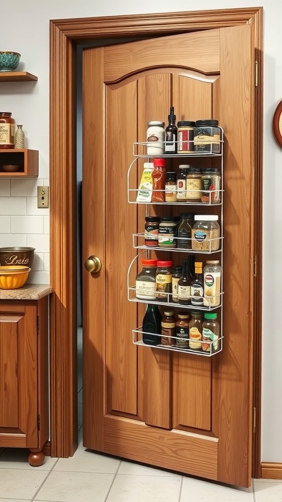 Over-the-door organizer with jars and bottles on a wooden door