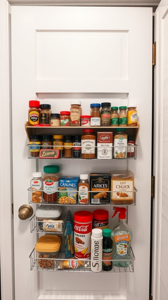Over-the-door rack filled with spices and pantry items attached to a door