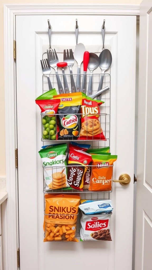 Over-the-door storage rack with snacks and utensils organized on a pantry door.