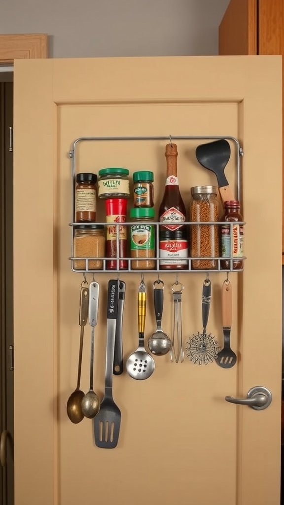 An over-the-door storage rack holding spices and kitchen utensils, mounted on a kitchen door.