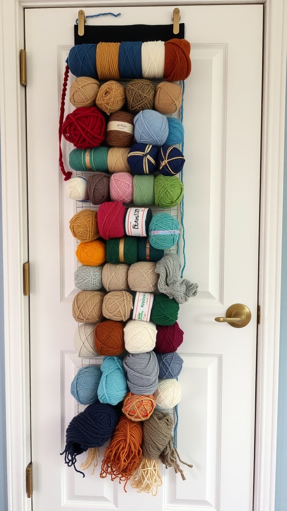 An over-the-door yarn storage rack displaying multiple colorful yarn skeins.