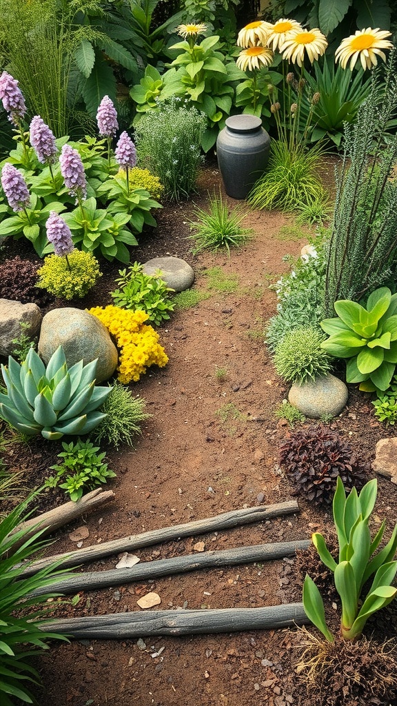 A vibrant garden featuring a mix of flowers, rocks, and greenery, illustrating permaculture principles.