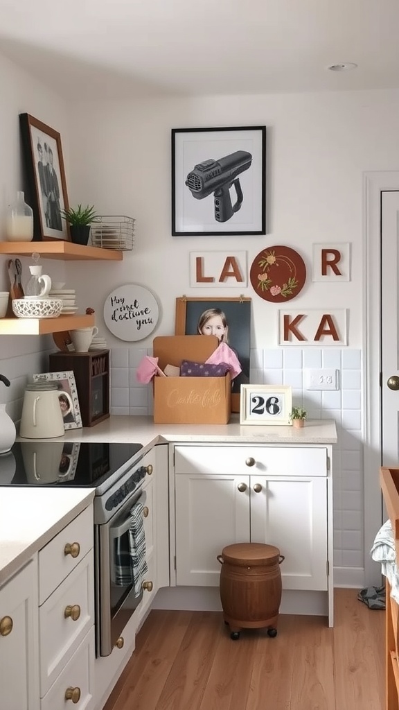 A modern kitchen featuring personalized decor elements like letters on the wall, quirky artwork, and open shelving.