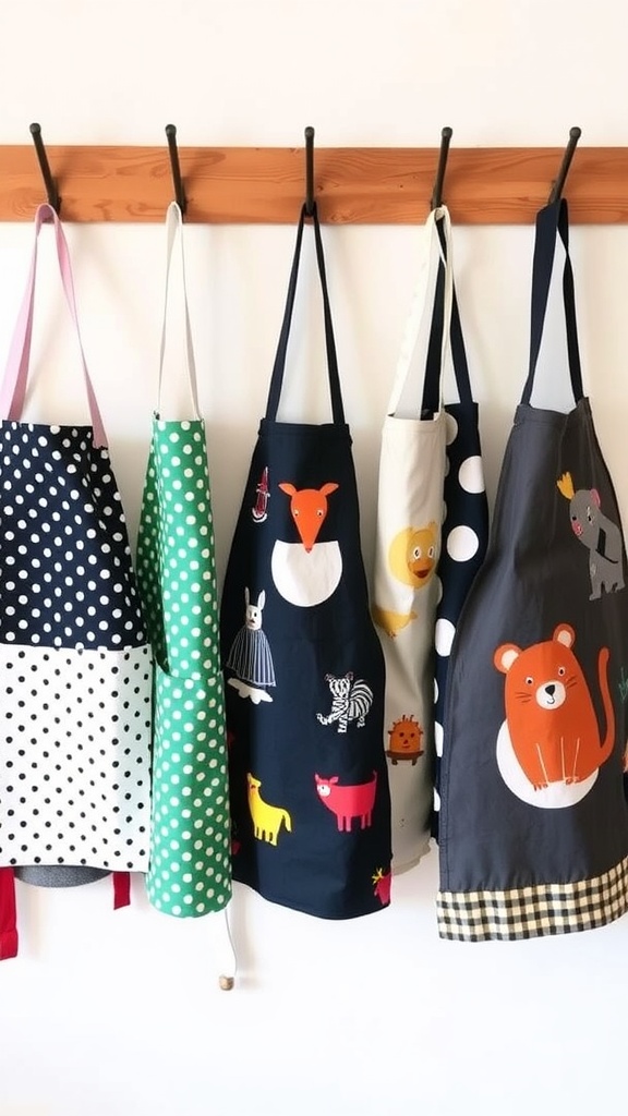 A collection of colorful and playful aprons hanging on a rack.