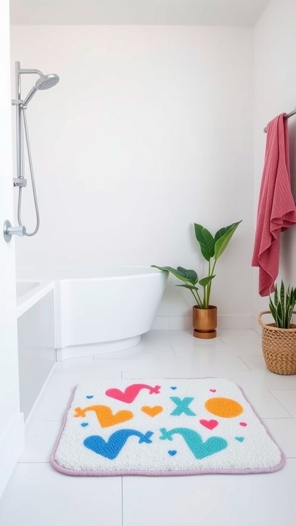 A colorful bath mat with playful designs in a modern bathroom setting.