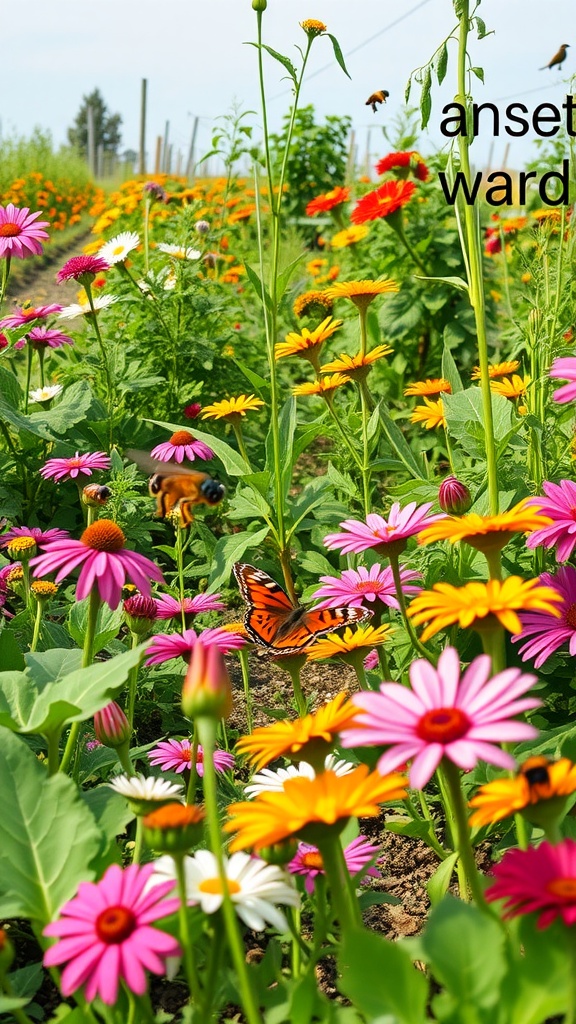 A colorful veggie garden with flowers attracting bees and butterflies.