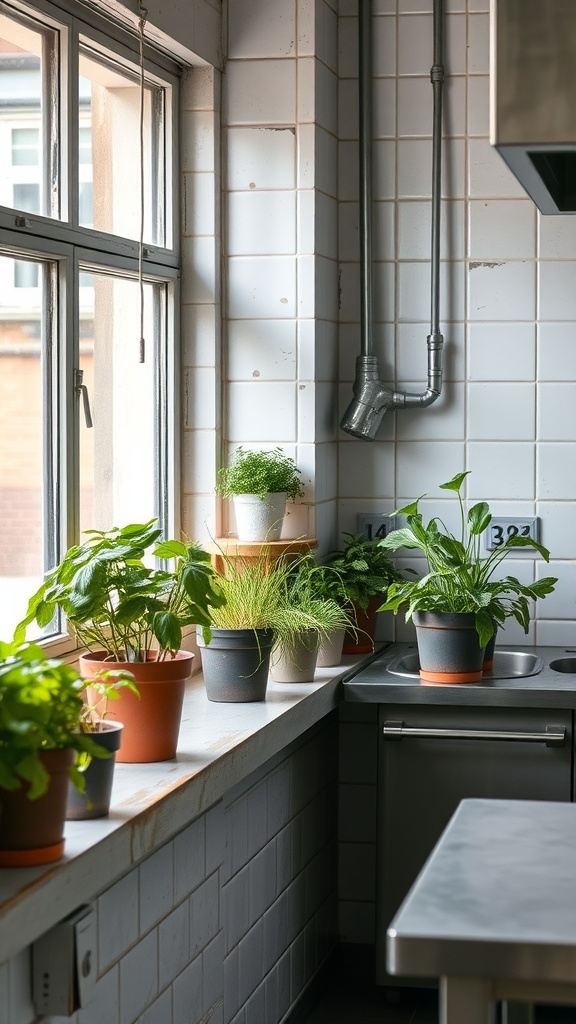 An indoor kitchen garden with various potted herbs on a windowsill.