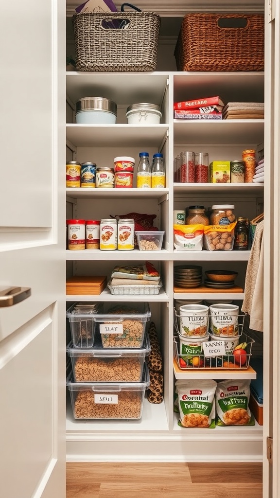 An organized small closet pantry featuring pull-out drawers and labeled containers.