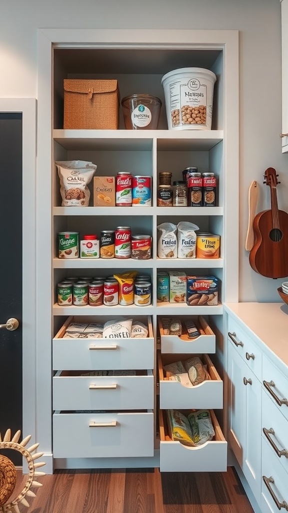 A wall pantry with pull-out drawers and neatly organized food items.