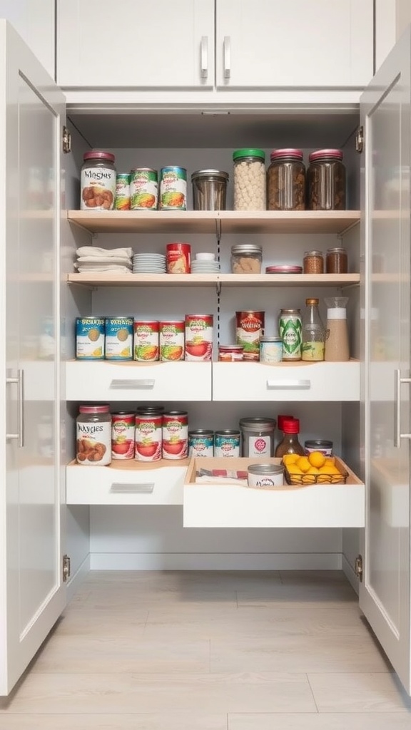 Organized pantry with pull-out drawers and clear containers.