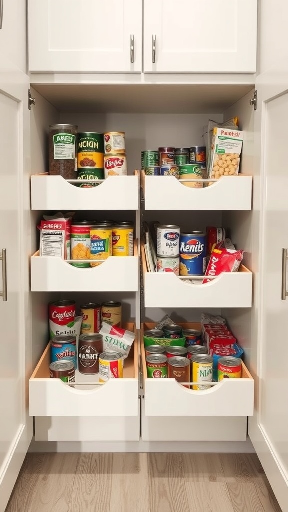 An organized pantry with pull-out drawers filled with canned goods and snacks.