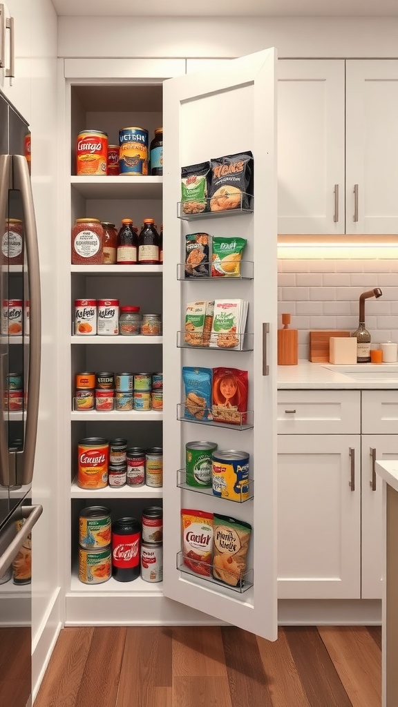 A modern kitchen pantry with pull-out shelves displaying various food items.