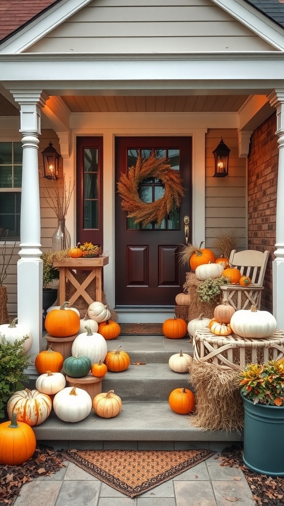 A cozy front porch decorated with various pumpkins, a wooden table, and a seasonal wreath.