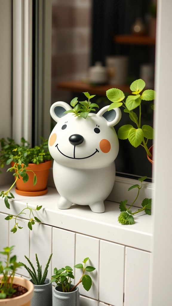 A whimsical bear-shaped planter with plants on a kitchen windowsill.