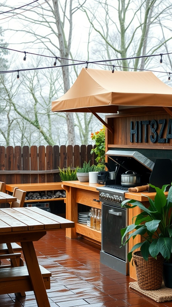 An outdoor kitchen with a canopy, showcasing a grill, wooden counters, and potted plants.